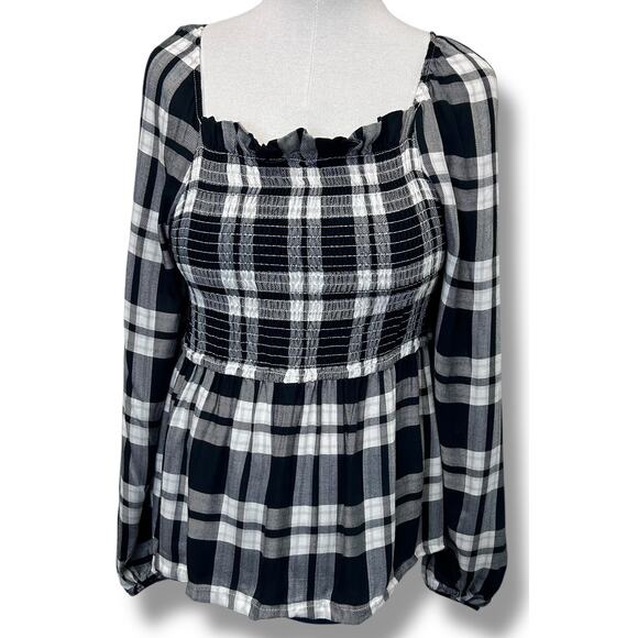 Inner Circle Women’s Long Sleeve Smock Bodice Blouse, Black Plaid, size XL - Picture 2 of 10
